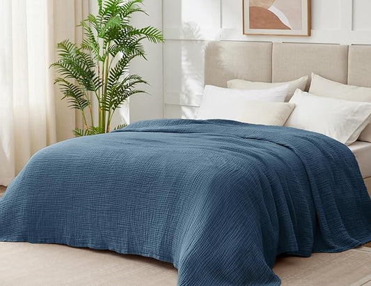 100% Cotton Muslin Blanket King 108" x 90", 6 Layers Breathable and Lightweight Cotton Throw Blanket for Bed, Soft Quilt Bedspread Coverlet, Gauze Blanket for Adults All Season, Blue