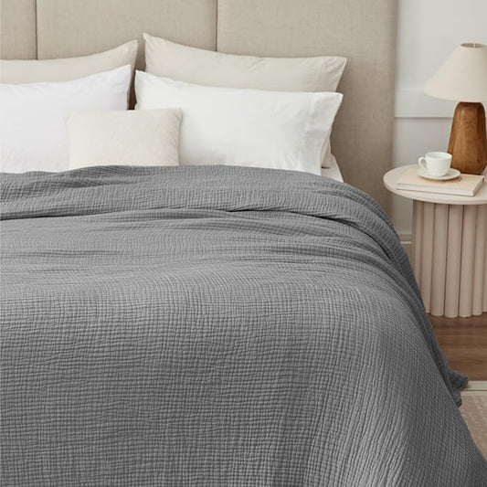 100% Cotton Muslin Blanket King 108" x 90", 6 Layers Breathable and Lightweight Cotton Throw Blanket for Bed, Soft Quilt Bedspread Coverlet, Gauze Blanket for Adults All Season, Grey