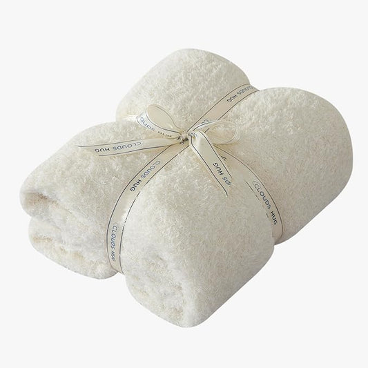 Knit Throw Blanket for Couch - Super Soft Bed Blanket， Fluffy Fuzzy Plush Lightweight Cozy Blankets for Sofa ，Cream，50" x 60"