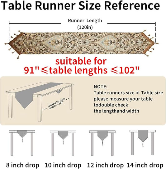 Luxury Vintage Design Table Runner 120 inches Long Embroidery Jacquard Fabric with Multi-Tassels Table Runners for Dining Room Dresser Wedding Holiday Party Fireplace Decorations (Coffee, 12X120inch)