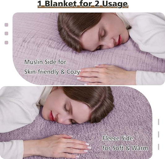 EMME Muslin Cotton Fleece Queen Blanket Reversible - 80"*90" Lavender Soft Warm Throw Blankets for Couch Bed Picnic Travel Bed