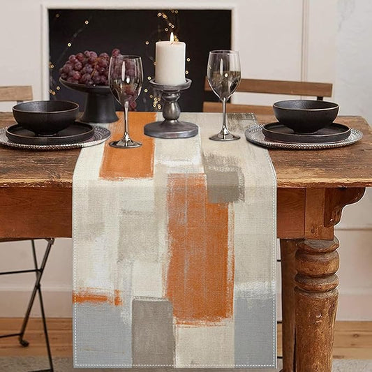 Emvency Farmhouse Table Runner, Modern Orange and White Abstract Art Painting for Kitchen Coffee Table Family Dinners Holiday Parties Wedding Events Decor(13x72 inch)