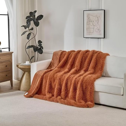 Luxury Fluffy Faux Fur Throw Blanket,Thick Fluffy Fuzzy Cozy Blanket,Plush Blankets for Couch, Sofa, Chair, Bed-Burnt Orange,50x60
