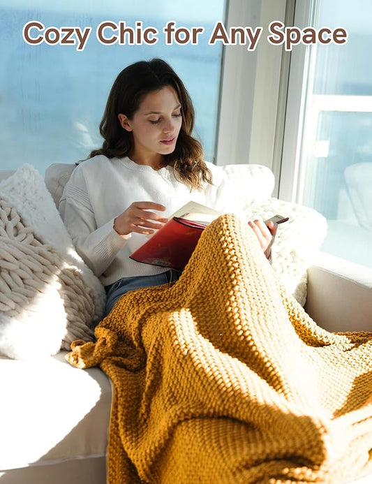Chunky Cotton Knit Throw Blanket, Light Weight Cable Knit Throws for Bed Couch Sofa, Comfy & Relaxing, Decorative Piece for Farmhouse Rustic Scandinavian Chic Vibe, Turmeric Yellow 60x80 Inches