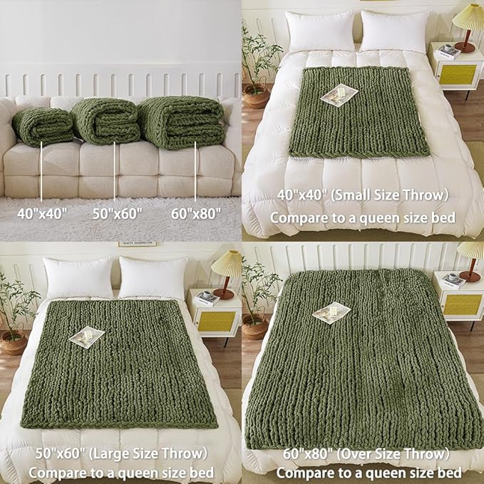 WESHIONGOO Chunky Knit Blanket Throw 50"×60" Knitted Throw Blankets for Couch Bed Fluffy Soft Blanket with Jumbo Chenille Yarn Thick 100% Handmade (Olive Green)