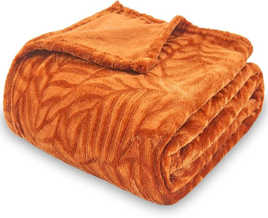 SOCHOW Super Soft Flannel Fleece Fall Throw Blanket, Lightweight Cozy Warm Leaves Textured Plush Blanket for Bed Couch Sofa, 50 x 60 Inches, Orange