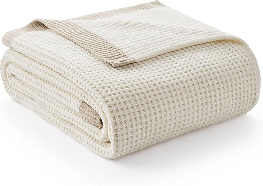 Amélie Home Chenille Waffle Throw Blanket for Couch, Reversible Soft Cozy Knit Blanket Lightweight Warm Decorative Throw for Sofa, Bed, Living Room, 50"x60", Ivory