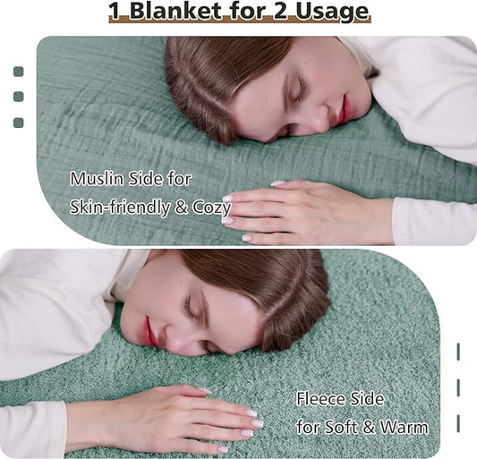 EMME Muslin Cotton Fleece Twin Blanket Reversible - 60"*80" Teal Soft Warm Throw Blankets for Couch Bed Picnic Travel Bed