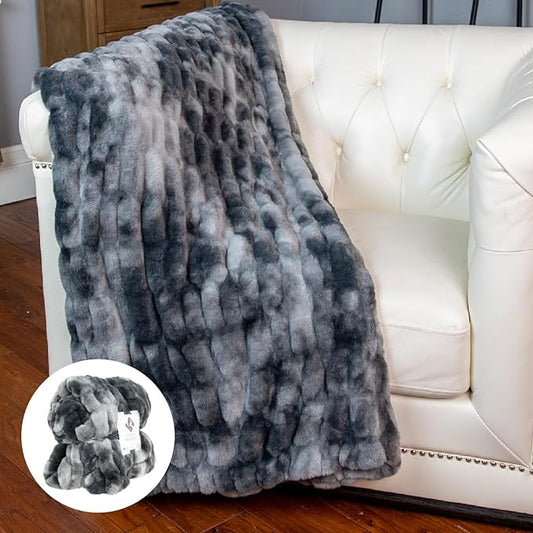 1i4 Group Outrageously Soft - Minky Luxe Faux Fur Throw Blanket - Ultra Plush Minky – Heavyweight Fabric – Elastic Stitched to Wrap Around You Like a Hug - Oversized 50 x 70 Inches – Gray