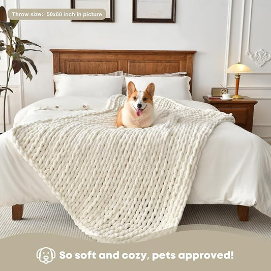 Soft Chunky Knit Blanket, 60X80 in Handmade Thick Chenille Yarn Throw Without Shedding & Raveling, Aesthetic & Cozy Home Decor with Couch Sofa Bed, Gift Pack, Ivory White