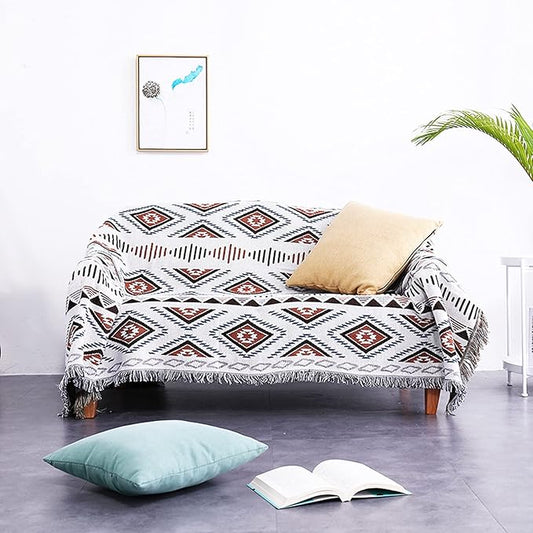 Luxlovery Bohemian Sofa Throw Blankets Ethnic Woven Boho Geometric White and Khaki Throw Blanket for Couch Aztec Bed Throws Oversized Chair Sofa Cover with Tassels(51"x63")