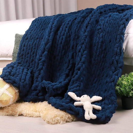 Carriediosa Chunky Knit Throw Blanket 60" X 80" Twin, 100% Hand Made Large Chenille Loop Yarn Soft Fluffy Throws for Couch Sofa Bed, Big Crochet Cozy Heavy Thick Cable Woven Blankets, Navy Blue