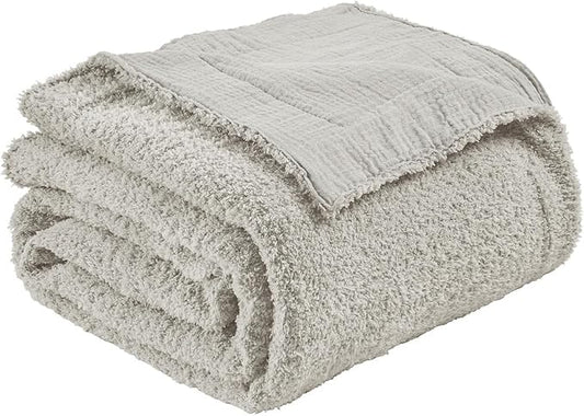 EMME Muslin Cotton Fleece Twin Blanket Reversible - 60"*80" Grey Soft Warm Throw Blankets for Couch Bed Picnic Travel Bed
