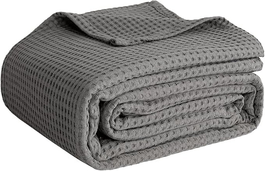 100% Cotton Blankets Throw Size for Bed - Waffle Weave Blankets for Summer, Lightweight and Breathable Soft Woven Blanket for Spring (Dark Grey, Throw (50" x 60")