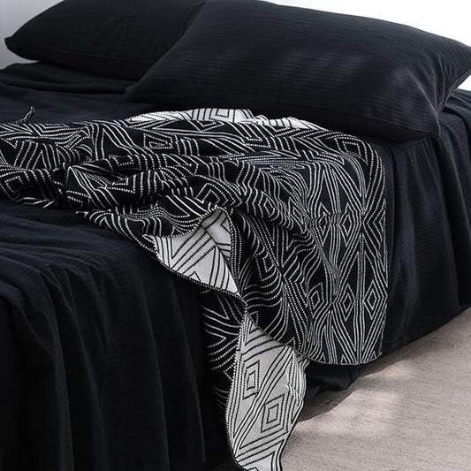 Black and White Throw Blankets, Knitted Modern Patterned Throw Blanket, Soft Lightweight Woven Throw Blanket for Sofa Couch Bed and Living Room, Black&White (50x70 Inch)