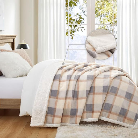 PU MEI Super Soft Faux Rabbit Fur Sherpa Fleece Throw Blanket, Reversible Luxury Cozy Cute Furry Blanket, Plush Warm Shaggy Fluffy Checkered Blankets for Sofa Couch Bed (Grey-Plaid, 60" x 80")