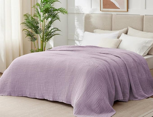 100% Cotton Muslin Blanket King 108" x 90", 6 Layers Breathable and Lightweight Cotton Throw Blanket for Bed, Soft Quilt Bedspread Coverlet, Gauze Blanket for Adults All Season, Lavender