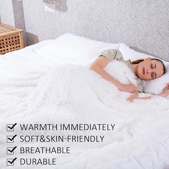 YUSOKI Twin Size Faux Fur Throw Blanket(White,60" x 80"),Whithout Pillows,Winter Lightweight Plush Fuzzy Soft Cozy Microfiber Comfy Bed Blanket for Women Kids Girls Couch Sofa Washable