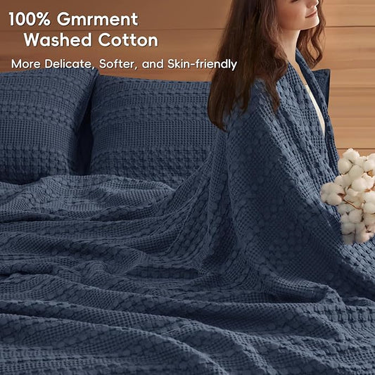 PHF 100% Cotton Waffle Weave Blanket Twin Size, Soft Lightweight Breathable Cozy Summer Blankets for Bed, Luxury Aesthetic Woven Bedding for Home Decor, 66"x90", Dark Navy