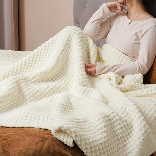 PHF Chenille Waffle Knit Throw Blanket- Plush Warm & Cozy 50" x 60" Ultra Soft Blanket- Chunky Fluffy Waffle Throws for Couch Bed Sofa - Cream