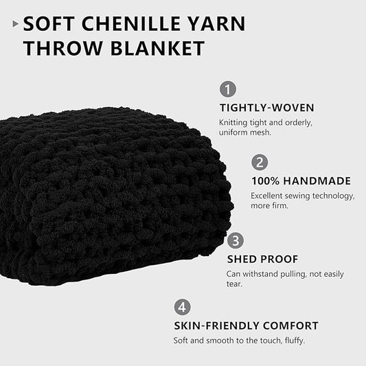L'AGRATY Chunky Knit Blanket Throw: 72''x84'' Chenille Chunky Knitted Throw Blanket for Bed Couch - Handmade Thick Big Cable Knit Blanket - Large Chunky Crochet Rope Blanket for Home Decor(Black)