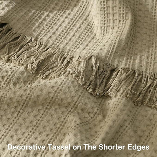 100% Cotton Waffle Blanket with Fringe, Pre-Washed Waffle Weave Blanket for All Season, Lightweight Breathable Soft Cozy Throw Blanket for Couch, Bed, Travel (Sage Green - 66x90 Inches)
