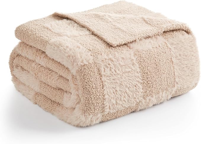 Snuggle Sac Checkered Throw Blanket Faux Fur Microfiber Blankets for Couch,Cozy Soft Warm Blanket for Sofa Bedroom Living Room,Solid Beige,60x80 inches