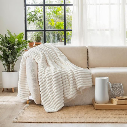 2Pcs 50"x60" Fleece Throw Blanket for Couch-350GSM Soft Cream White, Striped and Gift - Ready for Women and Men,Lightweight, Breathable and Warm, it can be Used All Year Round.