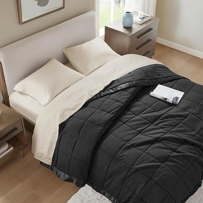 Madison Park Ultra-Soft Microfiber Blanket, Box Quilting with Satin Binding, All Season & Lightweight Summer Blanket for Bed, Couch & Sofa, Full/Queen, Black
