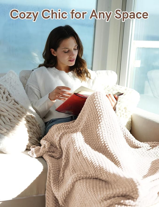 Chunky Cotton Knit Throw Blanket, Light Weight Cable Knit Throws for Bed Couch Sofa, Comfy & Relaxing, Decorative Piece for Farmhouse Modern Rustic Scandinavian Chic Vibe, Cream 50x60 Inches