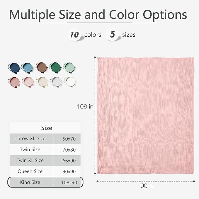 Carriediosa 100% Cotton Muslin Throw Blanket 108" X 90" King Size，4-Layers Summer Gauze Throws for Bed Couch，Soft Lightweight Breathable Linen Blankets Bedspread for Adults All Season，Dusty Pink