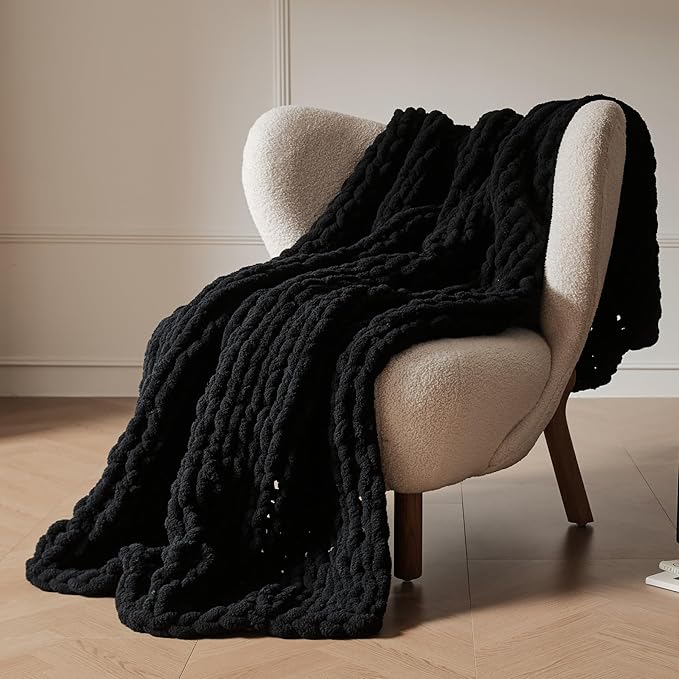 WESHIONGOO Chunky Knit Blanket Throw 50"×60" Knitted Throw Blankets for Couch Bed Fluffy Soft Blanket with Jumbo Chenille Yarn Thick 100% Handmade (Black)