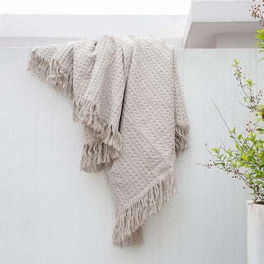 100% Cotton Waffle Blanket with Fringe, Pre-Washed Waffle Weave Blanket for All Season, Lightweight Breathable Soft Cozy Throw Blanket for Couch, Bed, Travel (Beige - 50x60 Inches)