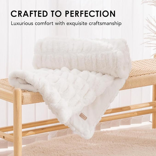 EVERGRACE Luxurious Soft Faux Rabbit Fur Throw Blanket, Cozy Fuzzy Plush Warm Throws for Couch Bed Sofa Chair Home Decor, Ruched Bubble Fluffy Blanket with Reversible Velvet, 60" x 80", Ivory White