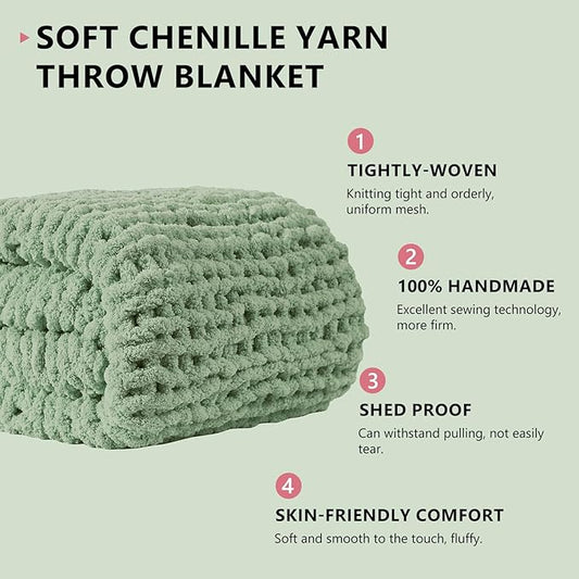L'AGRATY Chunky Knit Blanket Throw - Soft Throw Blanket 60x80: 100% Hand Kintted Chenile Crochet Throw Blanket for Couch - Large Cable Knit Blanket for Home Decor (Sage Green)