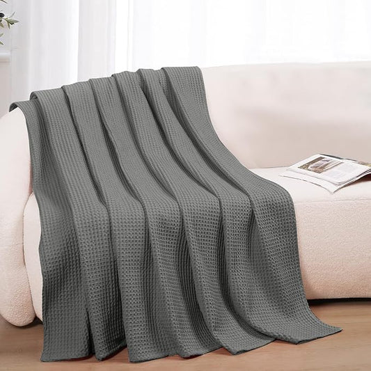 100% Cotton Blankets Throw Size for Bed - Waffle Weave Blankets for Summer, Lightweight and Breathable Soft Woven Blanket for Spring (Dark Grey, Throw (50" x 60")