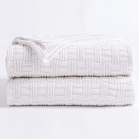 Longhui bedding Pure White Cotton Cable Knit Throw Blanket for Couch Chair Sofa,Soft Cozy Home Decorative Blankets for All Seasons, 50 x 60 Inch Gift a Washing Bag,2.2 pounds Silk Bow Tie Package