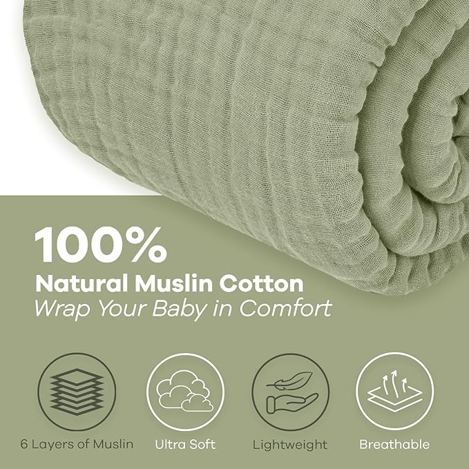 Comfy Cubs Muslin Throw Blanket - 50” x 60” Quilted Design - Lightweight, Breathable 6-Layer Gauze Fabric - Soft Cotton Blanket for Home or Travel - Packaged in Elegant Gift Box - Sage