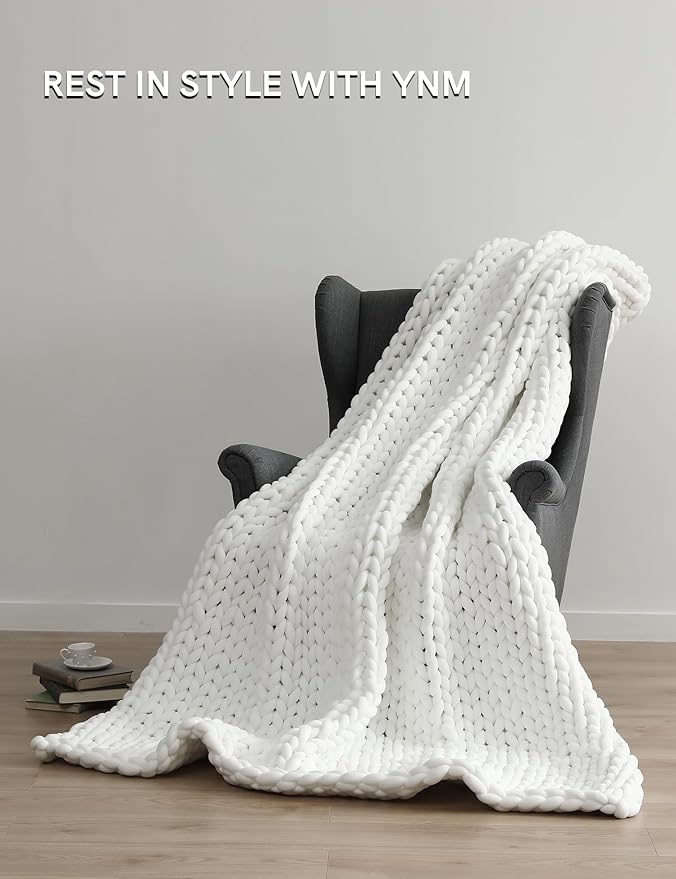 YnM Chunky Throw Blanket, Medium-Weight, Hand Knitted, Skin Friendly, Ventilated and Breathable, Machine Washable, Home Décor Piece for Couch, Sofa and Bed (White, 60x80 Inch)
