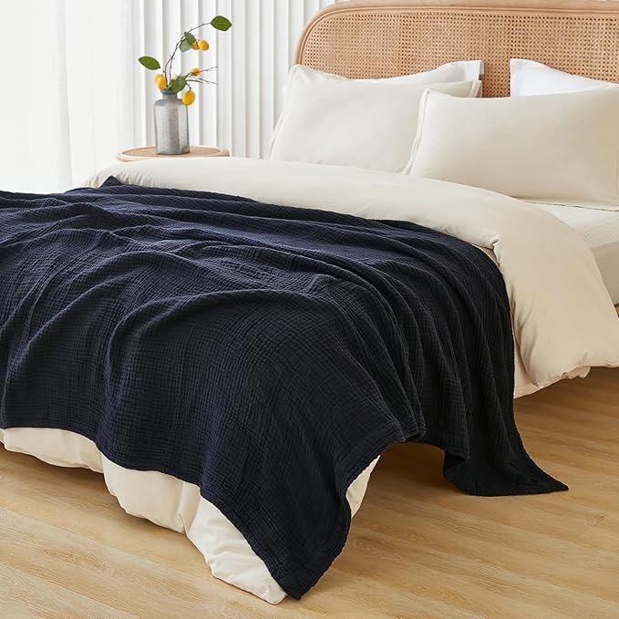 EMME Cotton Throw Blanket for Couch Soft Muslin Blankets 50"x60" Lightweight Breathable Blanket All Season Gauze Blanket, Navy