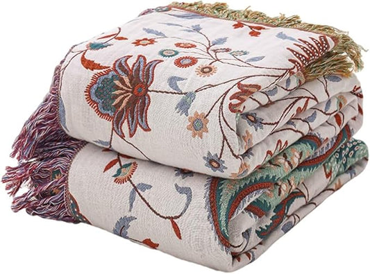 Summer Boho Throw Blanket 60"x80",100% Cozy Cotton Blankets for Travel, Picnic, Reversible Lightweight Knitted Farmhouse Cotton Muslin Blankets for Bedroom,Home Decor
