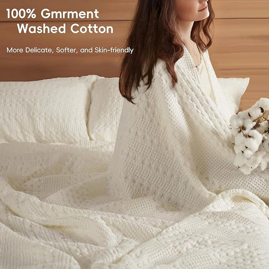 PHF 100% Cotton Waffle Weave Blanket Queen Size, Soft Lightweight Breathable Cozy Summer Blankets for Bed, Luxury Aesthetic Woven Bedding for Home Decor, 90"x90", Ivory