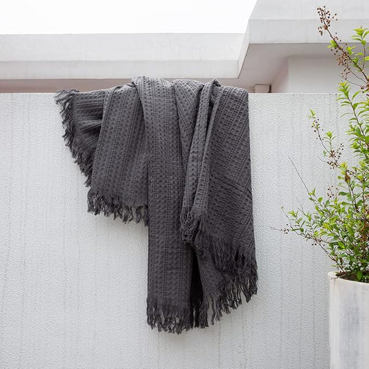 100% Cotton Waffle Blanket with Fringe, Pre-Washed Waffle Weave Blanket for All Season, Lightweight Breathable Soft Cozy Throw Blanket for Couch, Bed, Travel (Grey - 60x80 Inches)