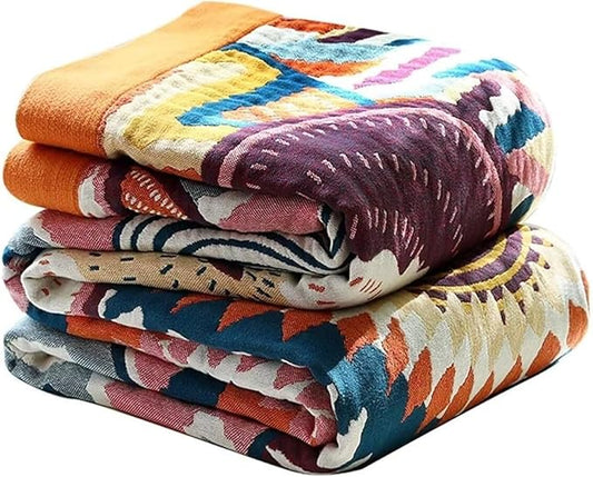 Muslin Boho Throw Blanket for Bed Couch, 100% Cotton Fall Throw Blanket, Bohemian Rustic Quilt 60"x80", Ultra Soft Mexican Blankets Travel Picnic Versatile Knitted Woven Blanket for Sofa