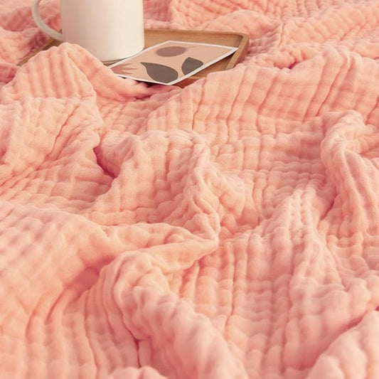 EMME Muslin Cotton Throw Blankets for Couch Breathable Gauze Blanket All Season Soft and Lightweight Pre-Washed Cotton Blanket (Pink, 60"x80")