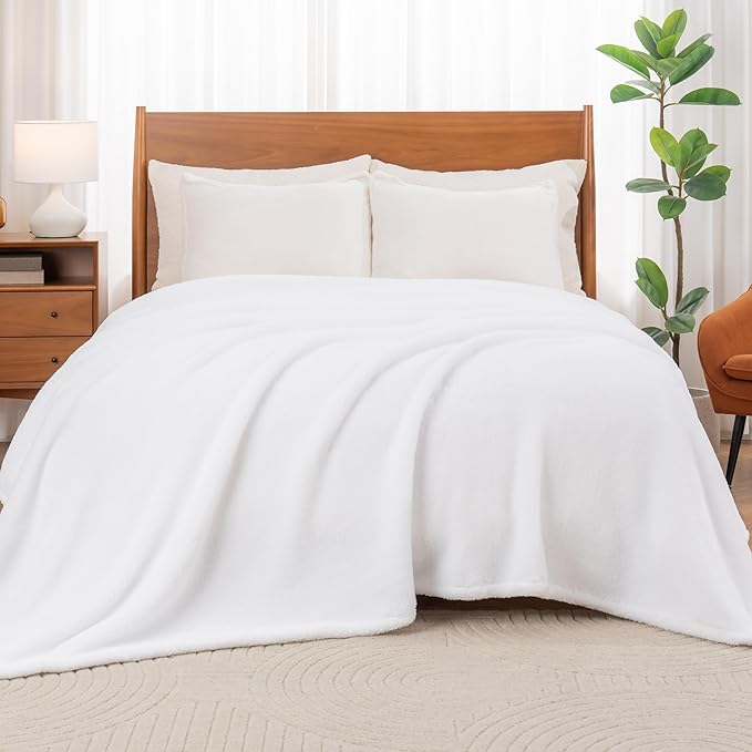 Berkshire Blanket Classic Extra-Fluffy™ Plush Blanket Queen Size, Soft Fuzzy Fluffy Long Hair Blanket for Couch Sofa Bed, True White, 90x90 Inches