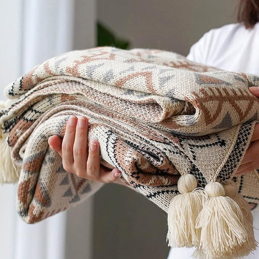 Brown Throw Blankets, Knitted Tassel Vintage Tan Throw Blanket, Soft Lightweight Boho Throw Blanket for Sofa Couch Bed and Living Room- All Seasons (50x85 Inch)