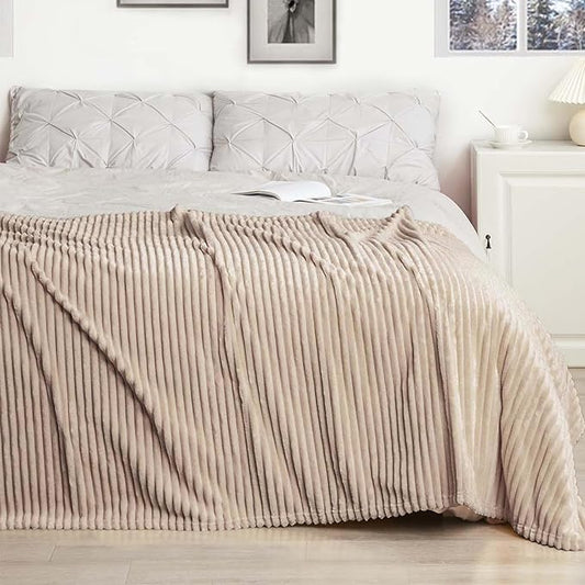 Vessia Flannel Throw Blanket with Pillow Cover for Couch,Sofa,Bed, 300GSM Striped Camel Blanket for Adults, Super Soft Warm Cozy Ribbed Brown Throw for All-Season(50x71inch)