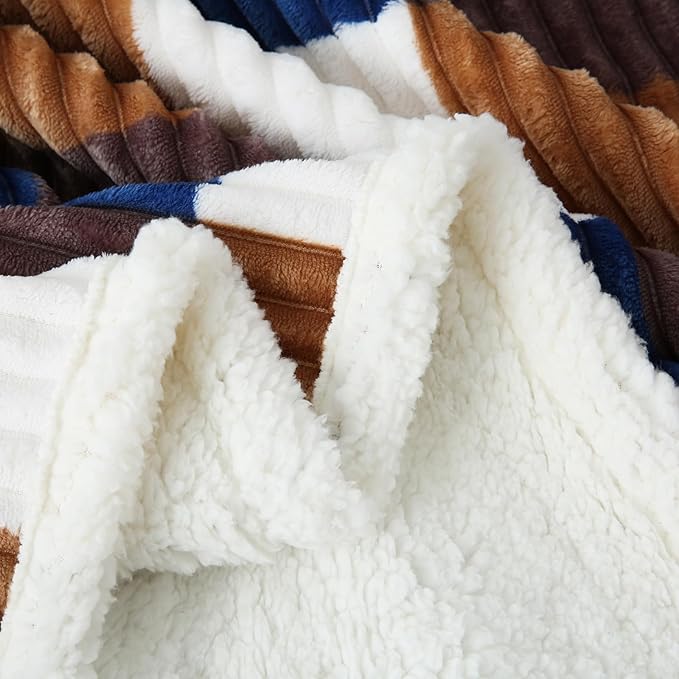 PU MEI Sherpa Blanket Twin Plaid Thick Bed Blanket, 80”*90” Super Soft Flannel Fuzzy Fleece Reversible Velvet Plush Warm Blanket for Couch (Khaki Blue Check)