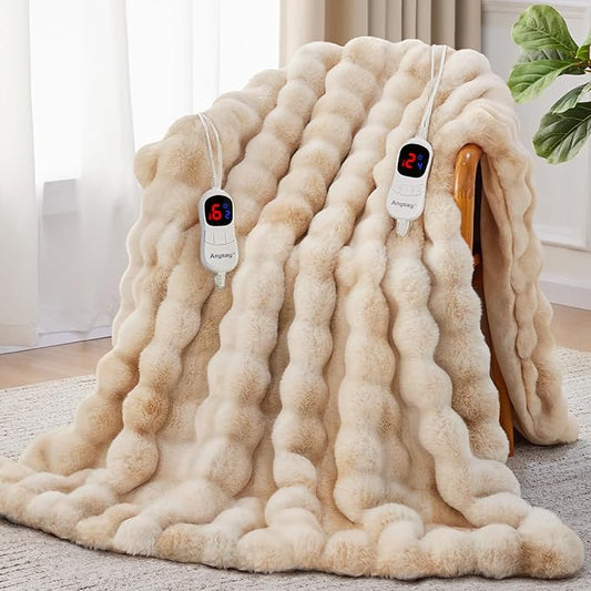 Heated Blanket Throw with 1/2/4/6/8 Hours Auto-Off 10 Heat Level, 90'' * 100'' Cozy Faux Rabbit Fur Bubble Electric Blanket with Overheat Protection(Beige)